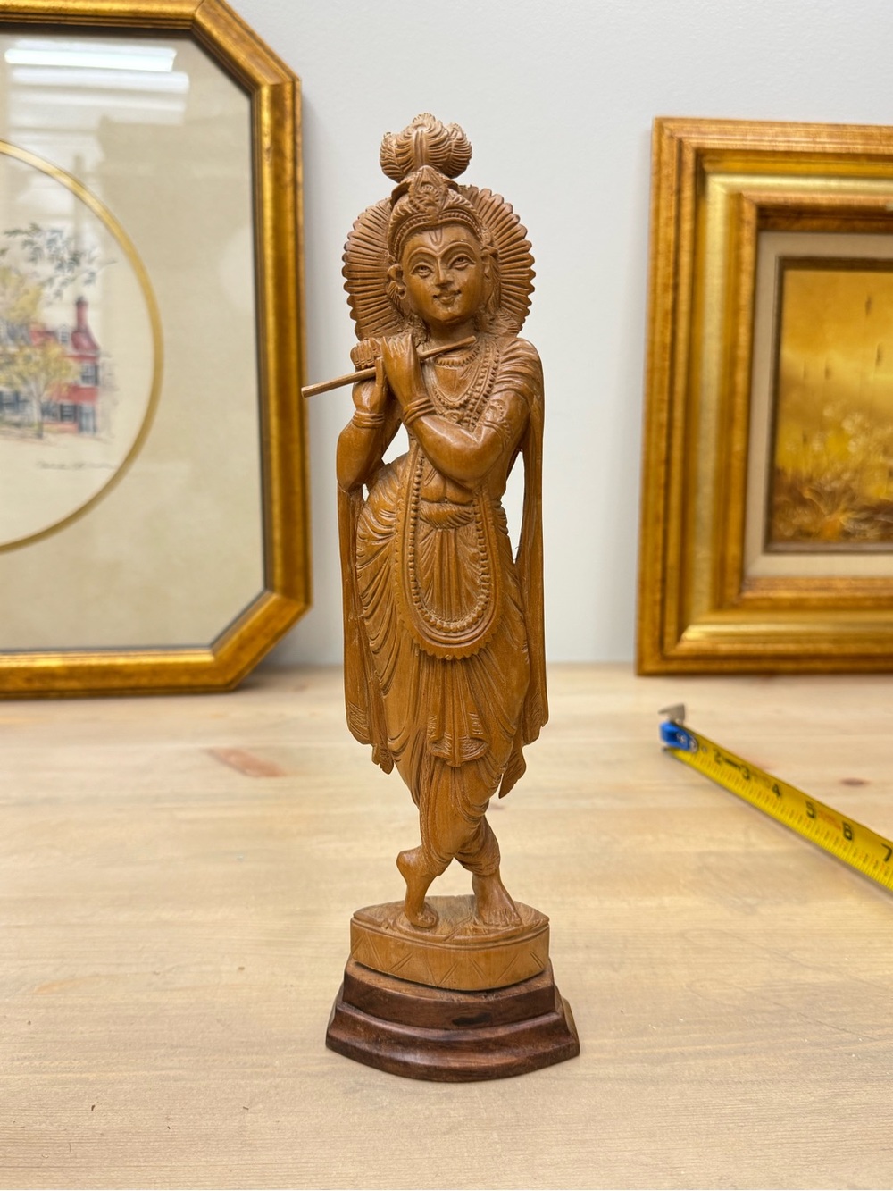 Wooden Krishna Statue Home Art – Hand-Carved Brown Decorative Figurine
